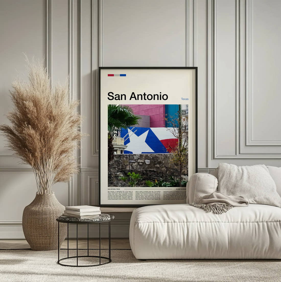 San Antonio Texas Flag Mural Travel Print framed on the wall of a calm, neutral bedroom