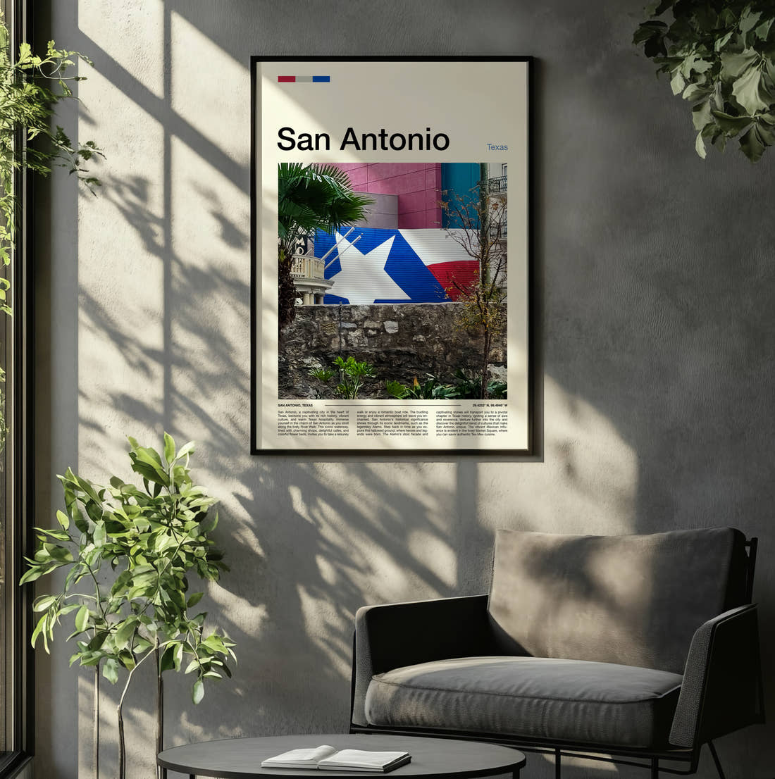 San Antonio Texas Flag Mural Travel Print framed on the wall of a relaxed living room