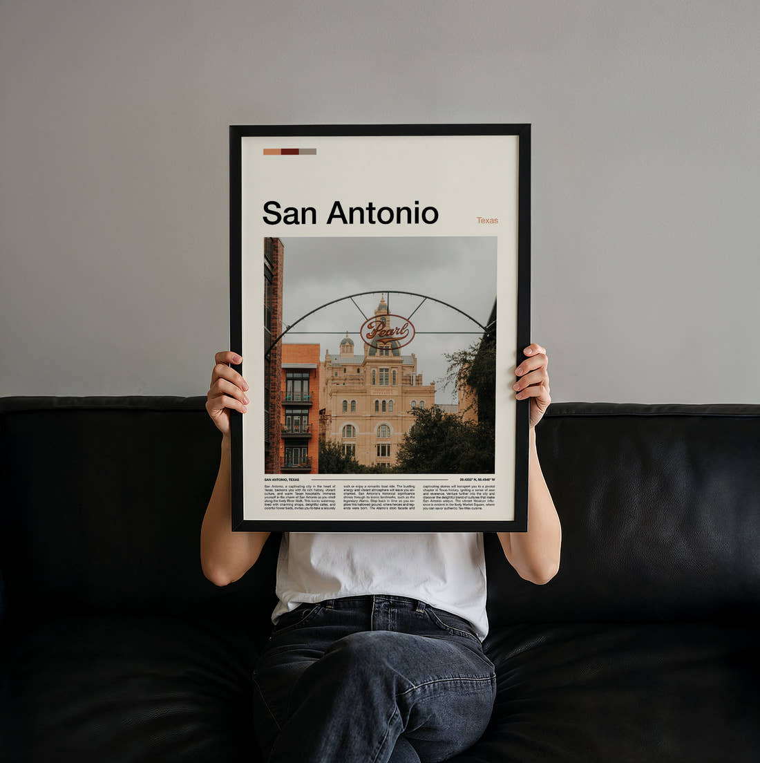 San Antonio Pearl Brewery Sign Travel Print held up by hand to show the size of the print