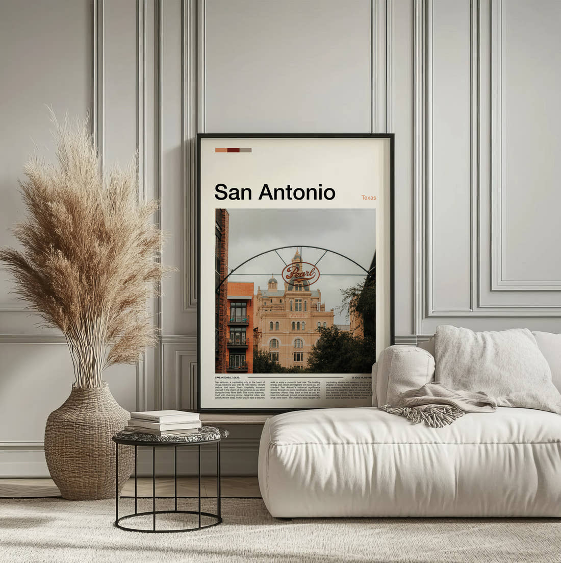 San Antonio Pearl Brewery Sign Travel Print framed on the wall of a calm, neutral bedroom