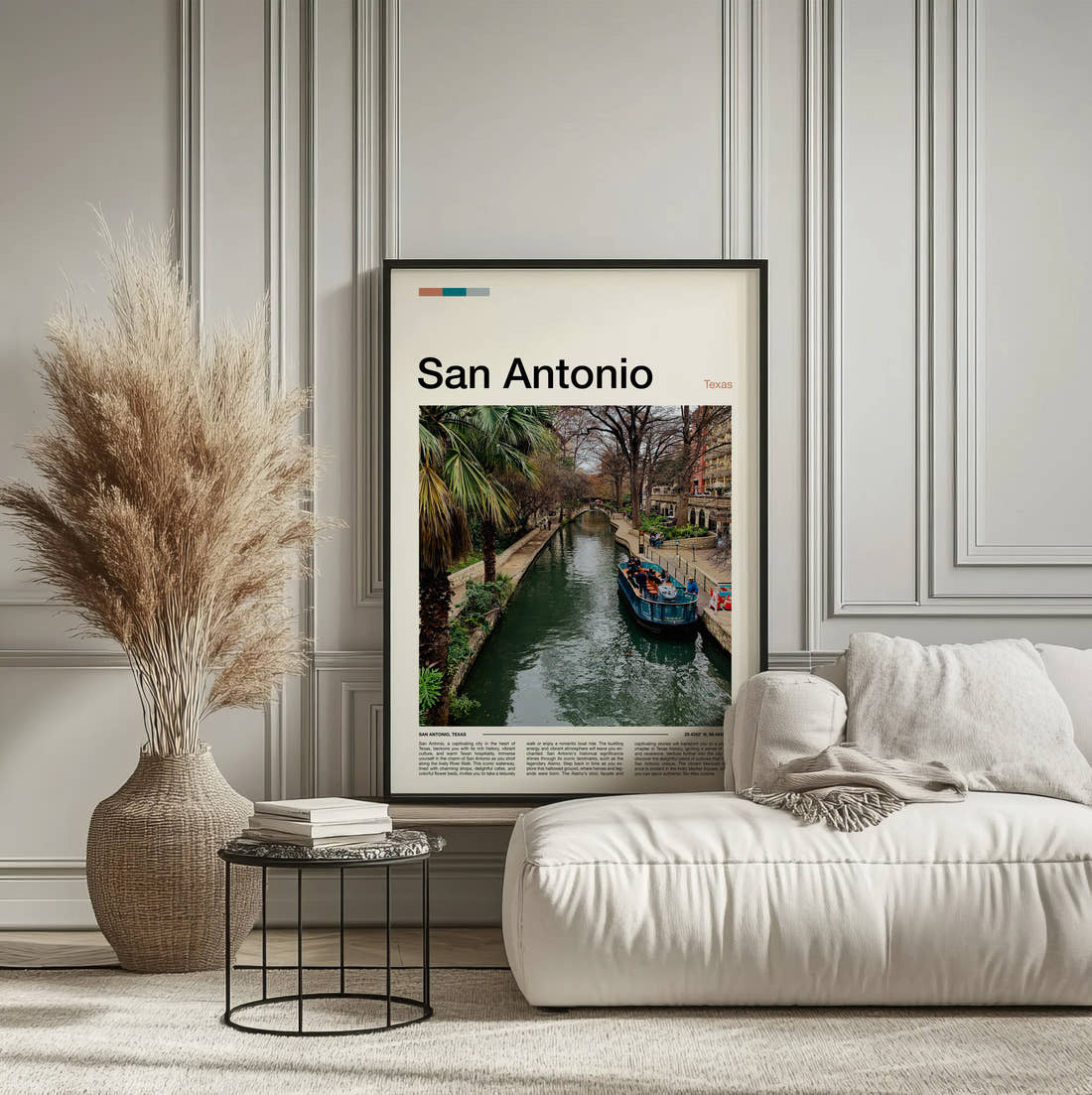 San Antonio River Walk Travel Print framed on the wall of a calm, neutral bedroom