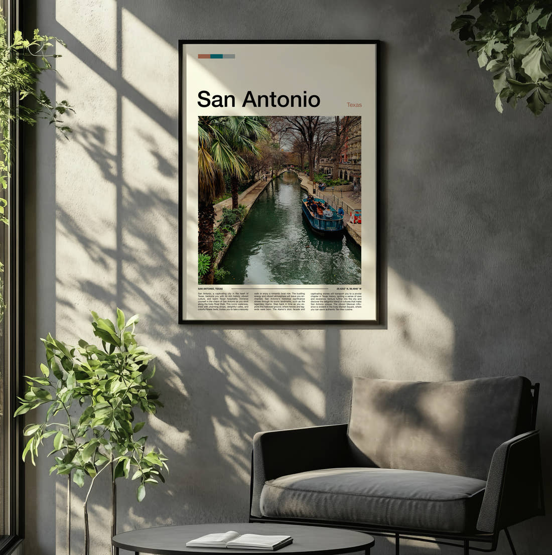 San Antonio River Walk Travel Print framed on the wall of a relaxed living room