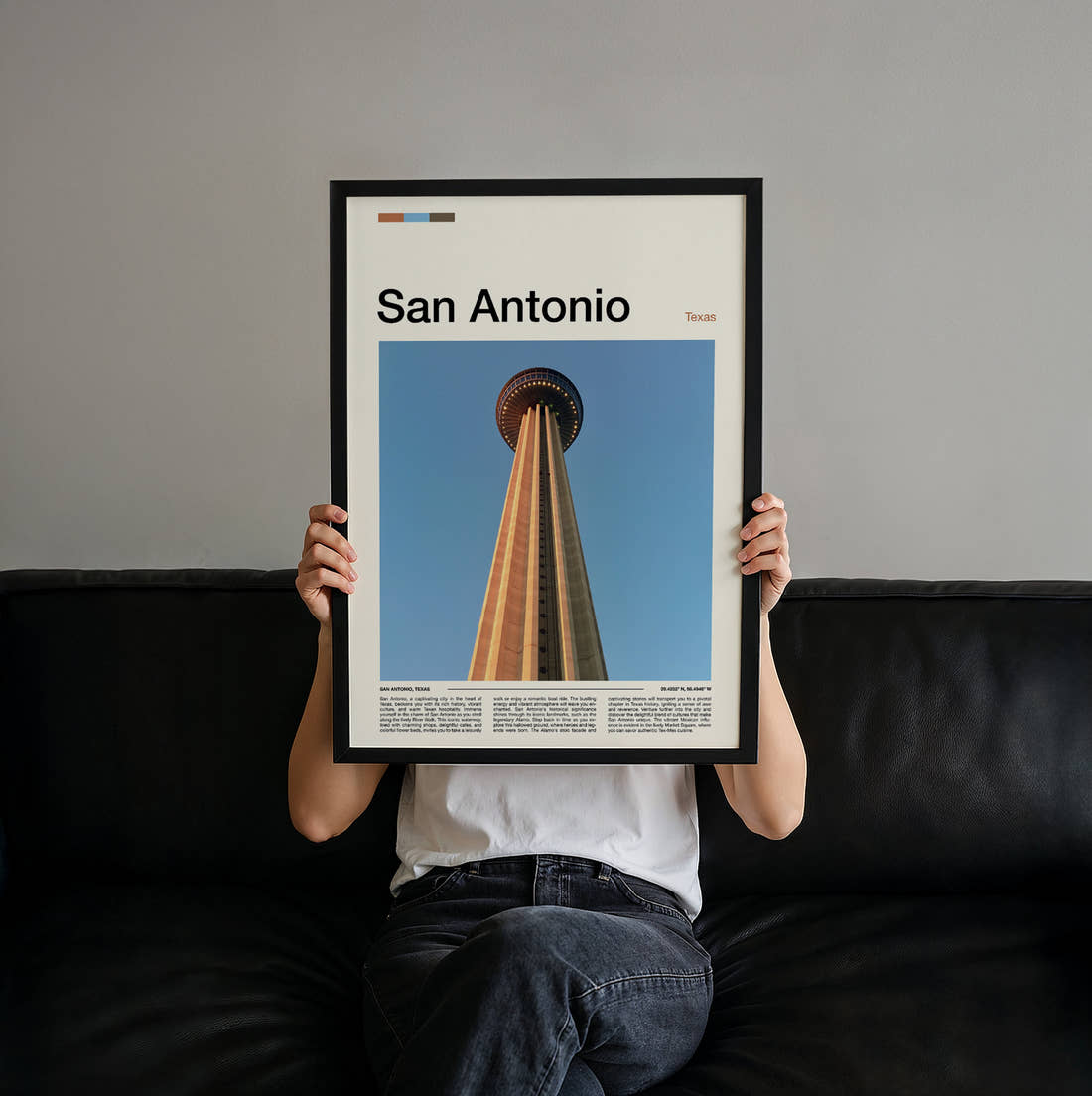 San Antonio Tower Of The Americas Looking Up Travel Print held up by hand to show the size of the print