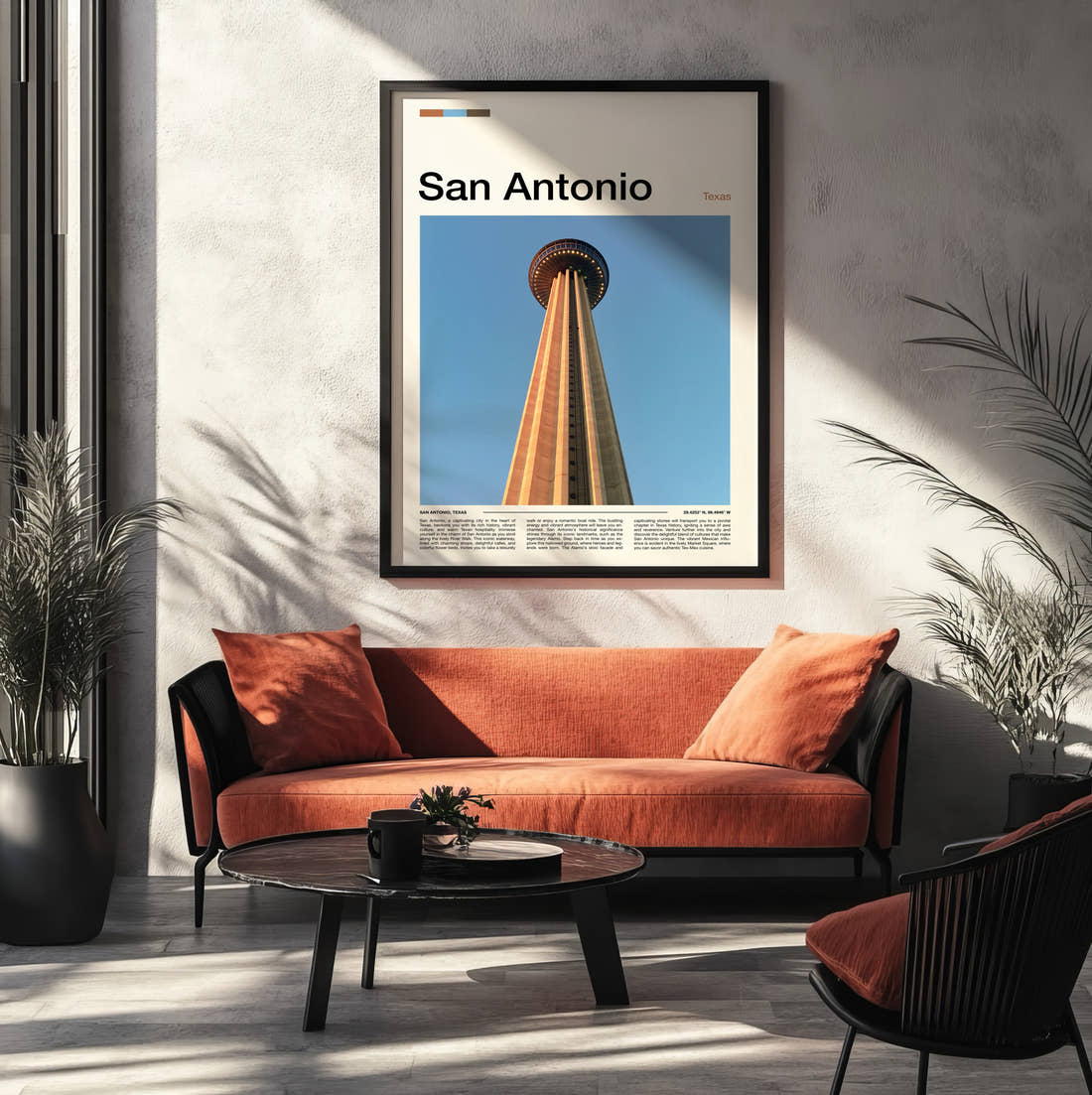 San Antonio Tower Of The Americas Looking Up Travel Print framed on the wall of a modern living room