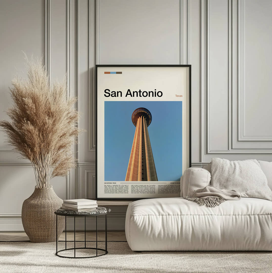 San Antonio Tower Of The Americas Looking Up Travel Print framed on the wall of a calm, neutral bedroom