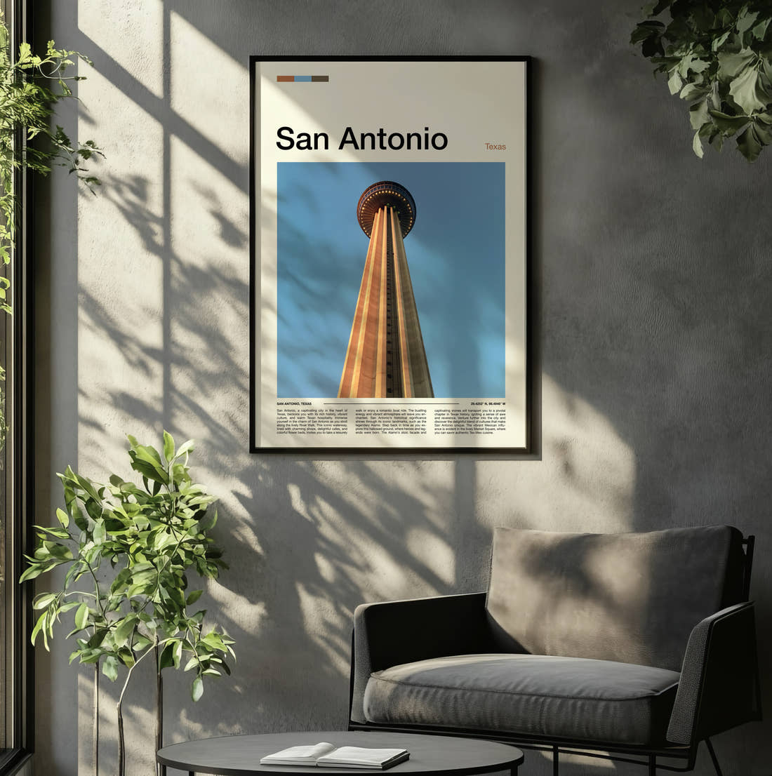San Antonio Tower Of The Americas Looking Up Travel Print framed on the wall of a relaxed living room