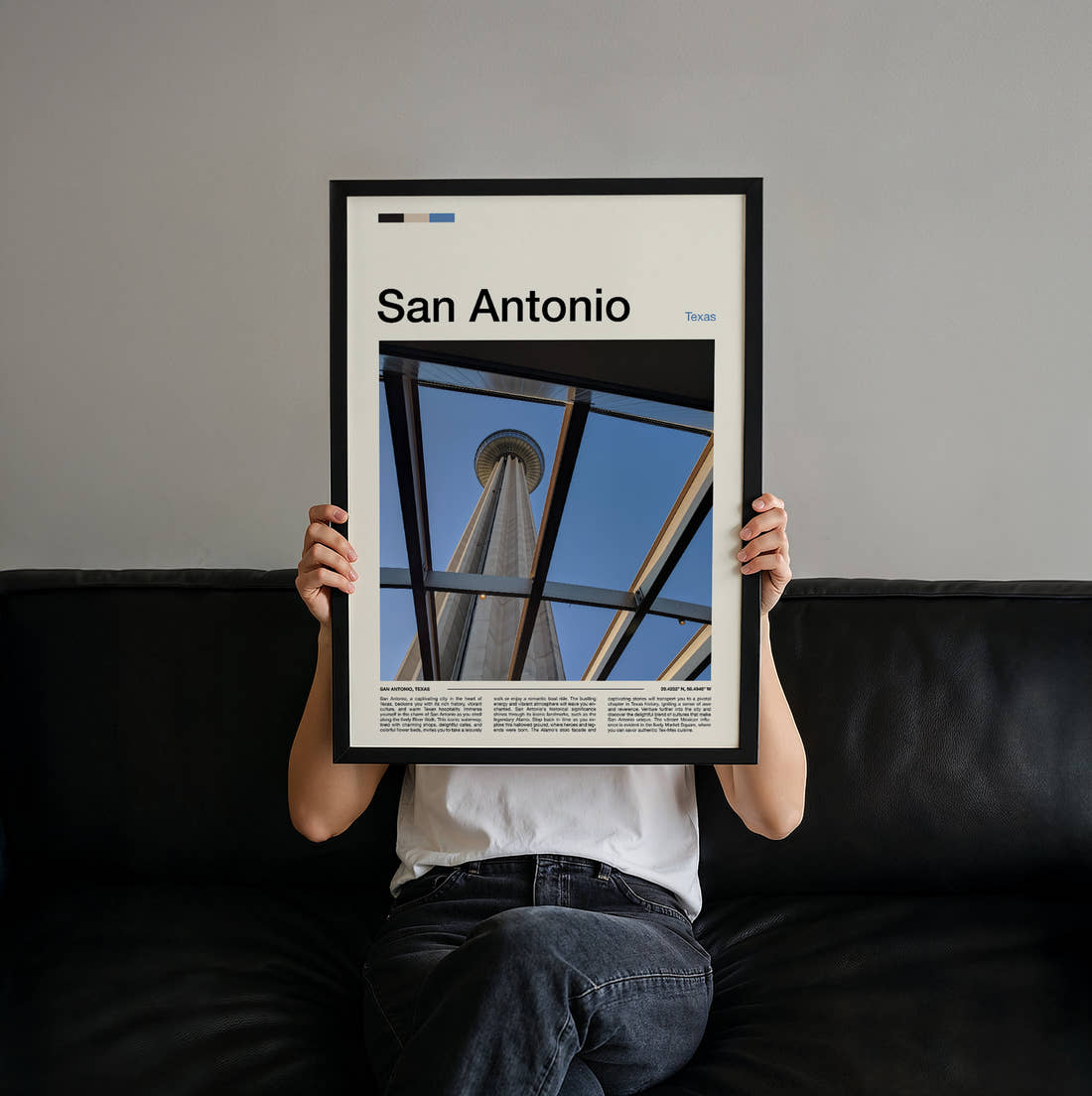 San Antonio Tower Of The Americas Through Glass Travel Print held up by hand to show the size of the print