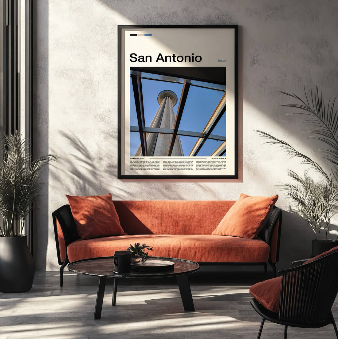San Antonio Tower Of The Americas Through Glass Travel Print framed on the wall of a modern living room