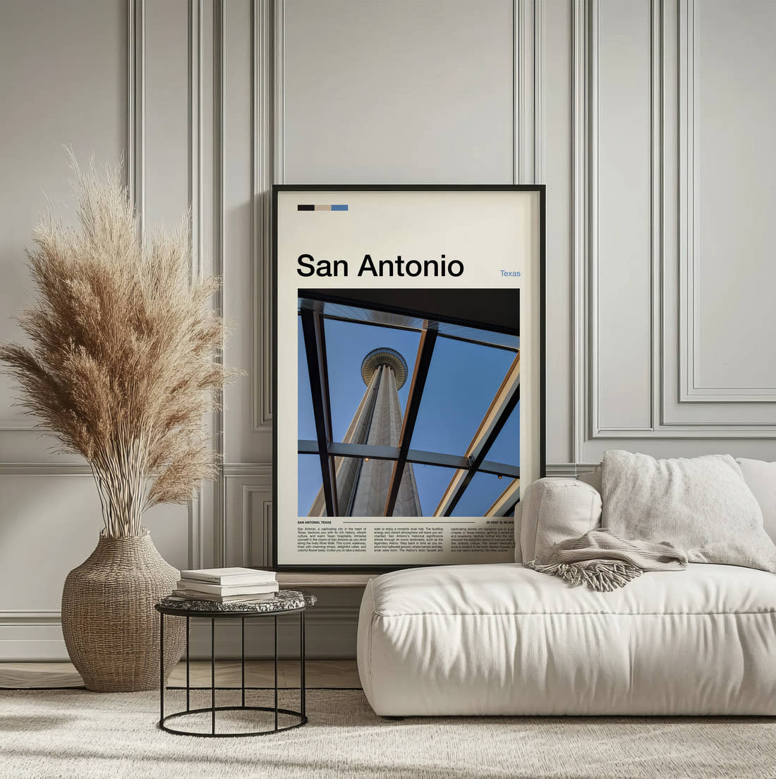 San Antonio Tower Of The Americas Through Glass Travel Print framed on the wall of a calm, neutral bedroom