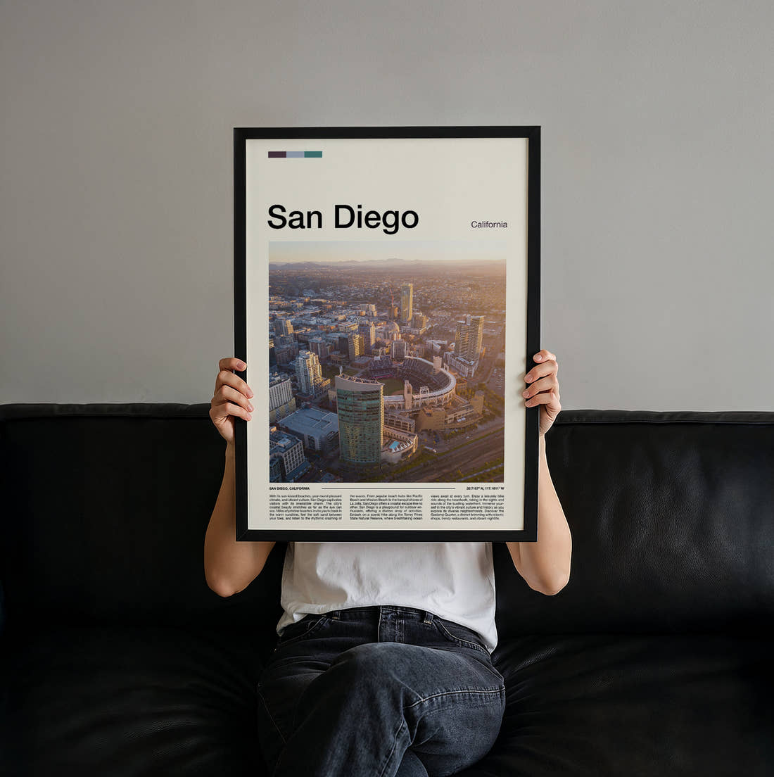 San Diego Aerial City View Travel Print held up by hand to show the size of the print