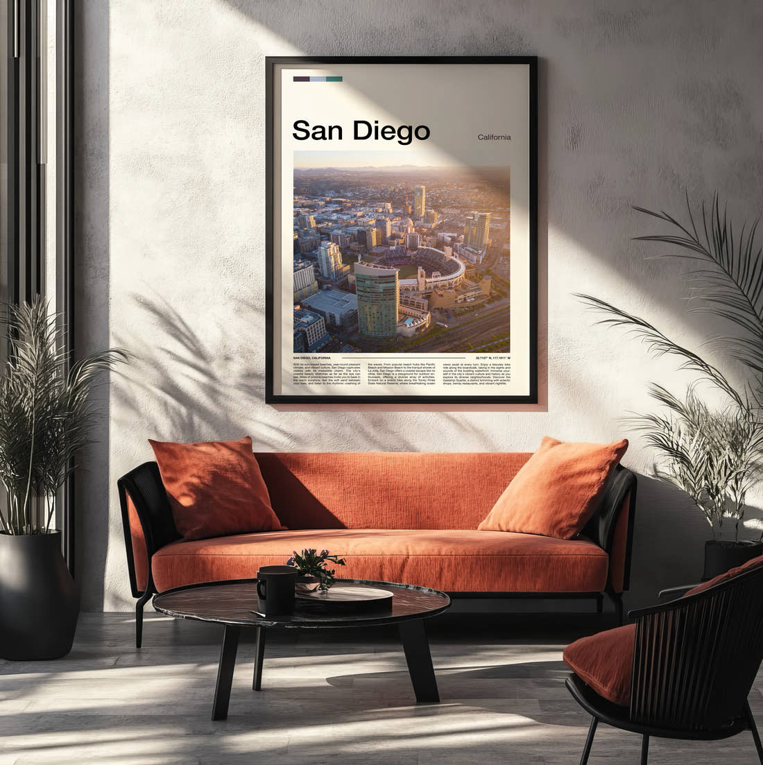 San Diego Aerial City View Travel Print framed on the wall of a modern living room