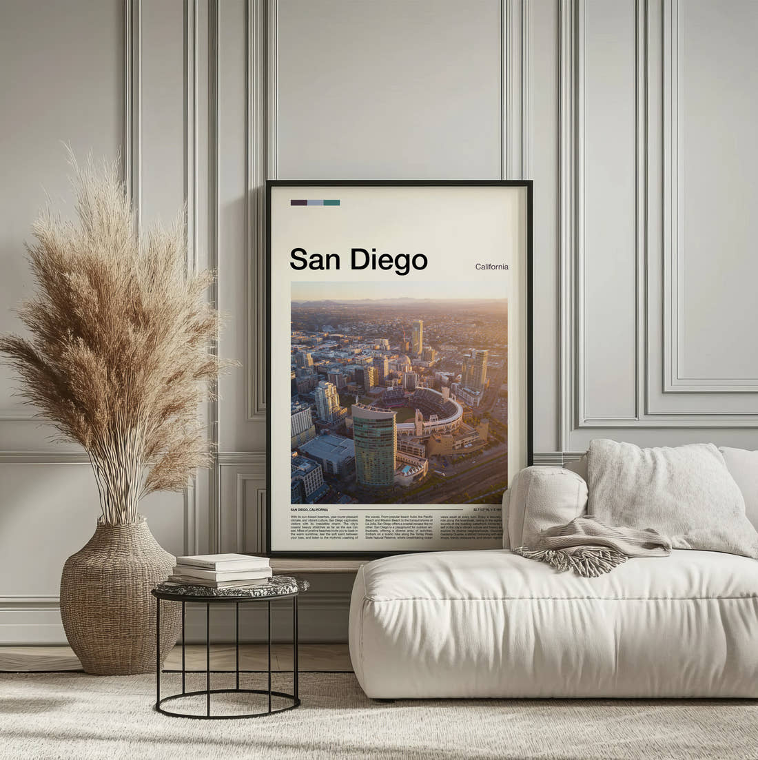 San Diego Aerial City View Travel Print framed on the wall of a calm, neutral bedroom