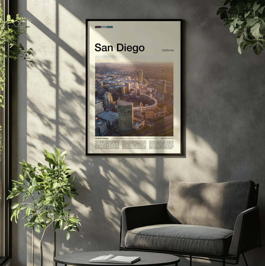 San Diego Aerial City View Travel Print framed on the wall of a relaxed living room