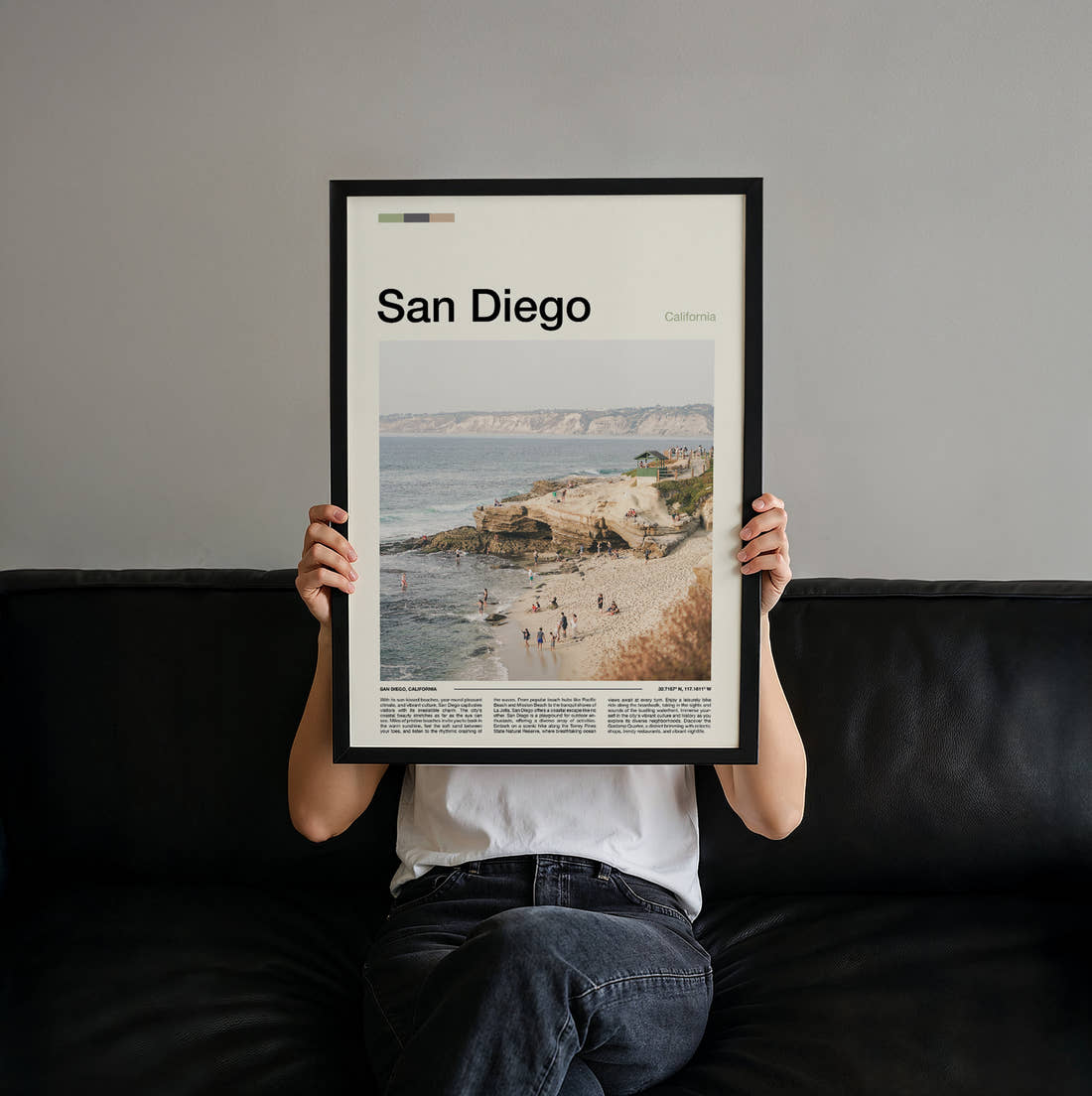 San Diego Beach And Cliffs Travel Print held up by hand to show the size of the print