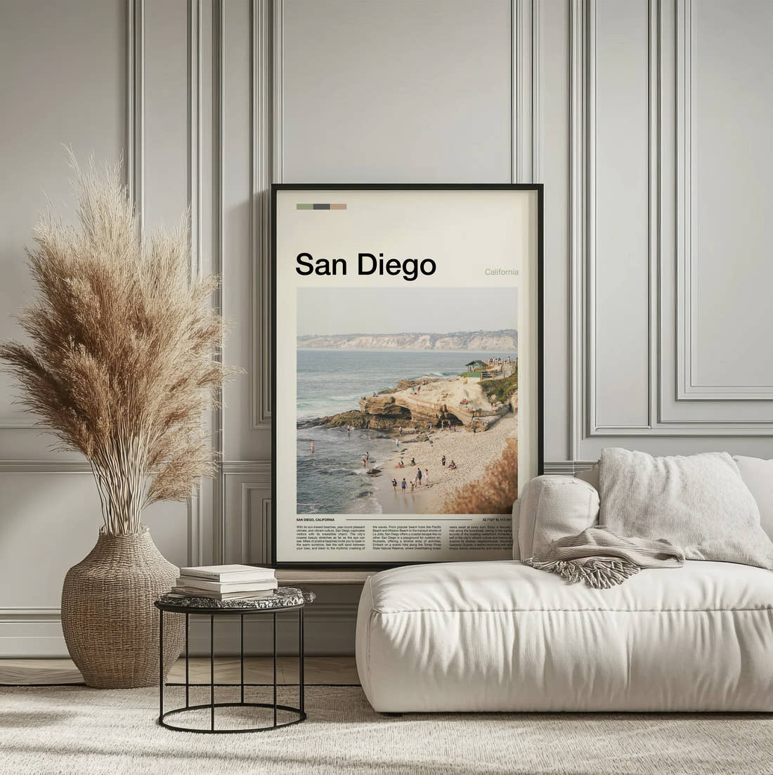 San Diego Beach And Cliffs Travel Print framed on the wall of a calm, neutral bedroom