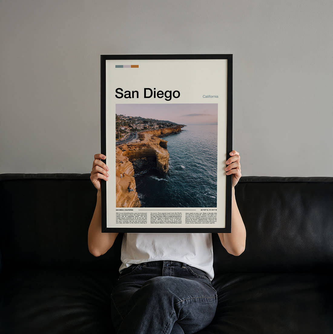 San Diego Coastal Cliffs Travel Print held up by hand to show the size of the print