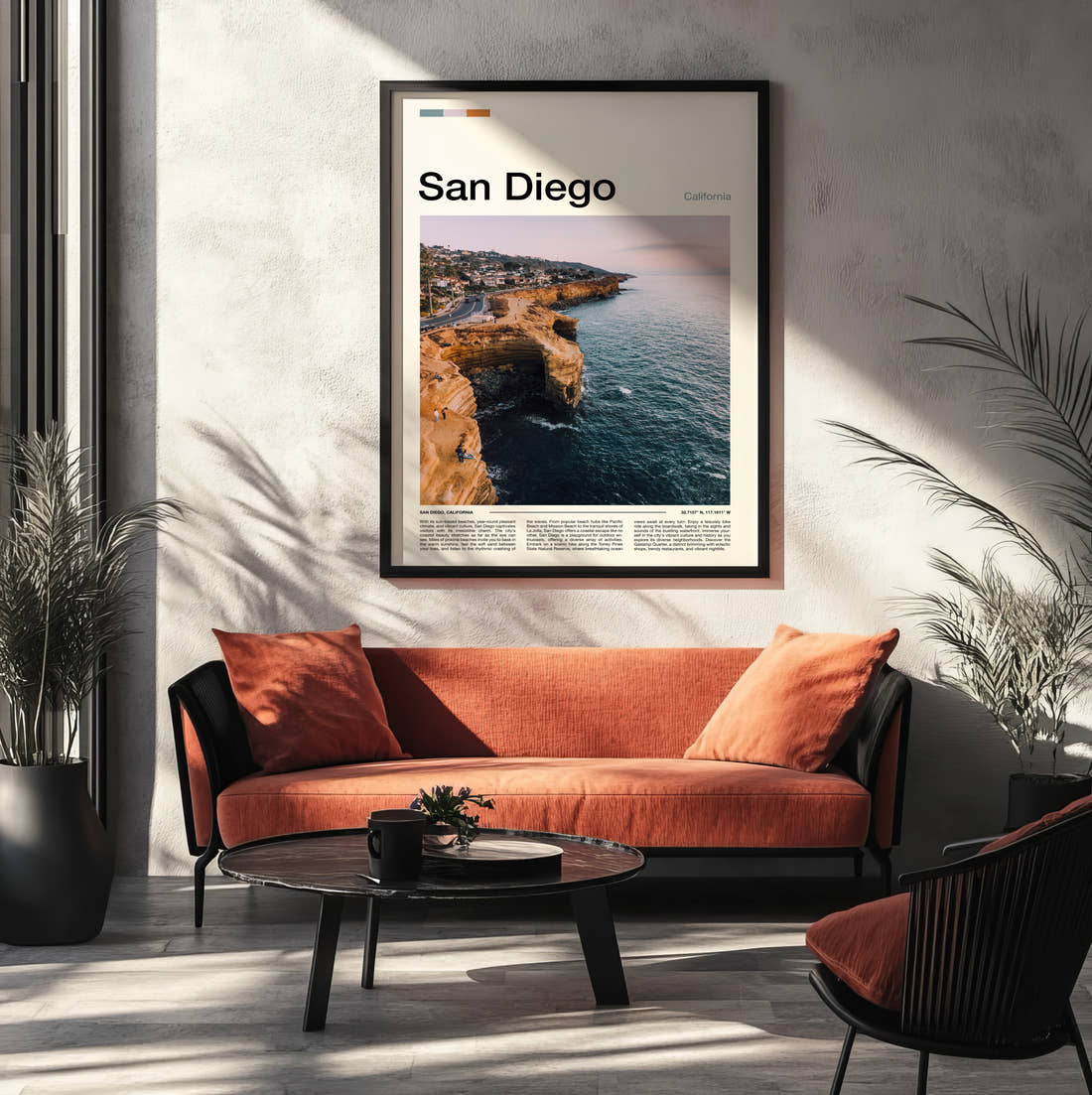 San Diego Coastal Cliffs Travel Print framed on the wall of a modern living room