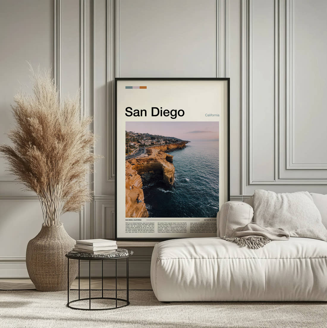 San Diego Coastal Cliffs Travel Print framed on the wall of a calm, neutral bedroom