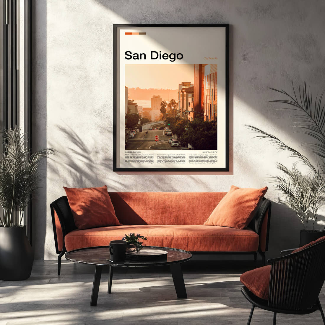 San Diego Hazy City Street Travel Print framed on the wall of a modern living room