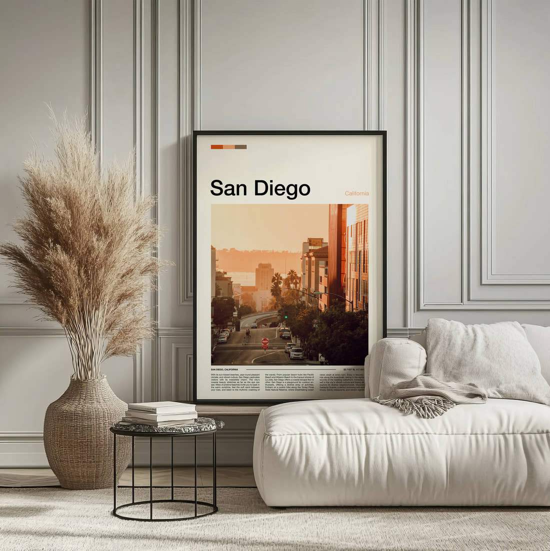 San Diego Hazy City Street Travel Print framed on the wall of a calm, neutral bedroom