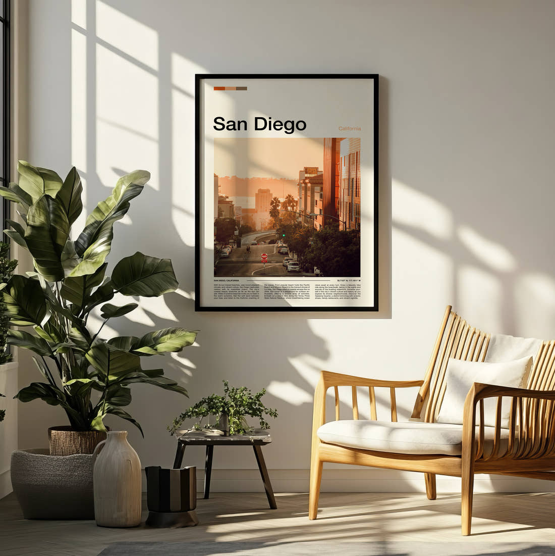 San Diego Hazy City Street Travel Print framed on a pale wall beside houseplants
