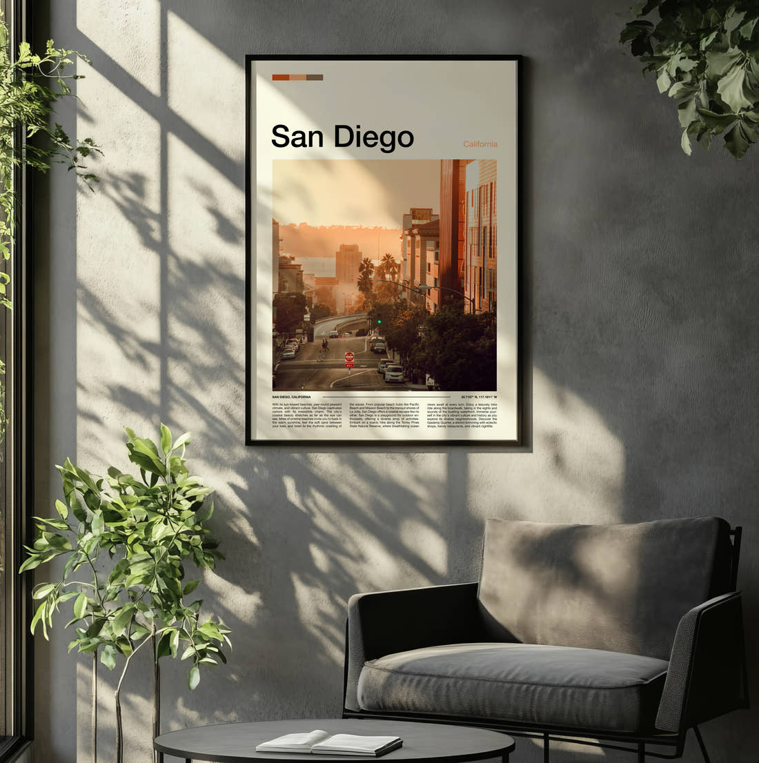 San Diego Hazy City Street Travel Print framed on the wall of a relaxed living room