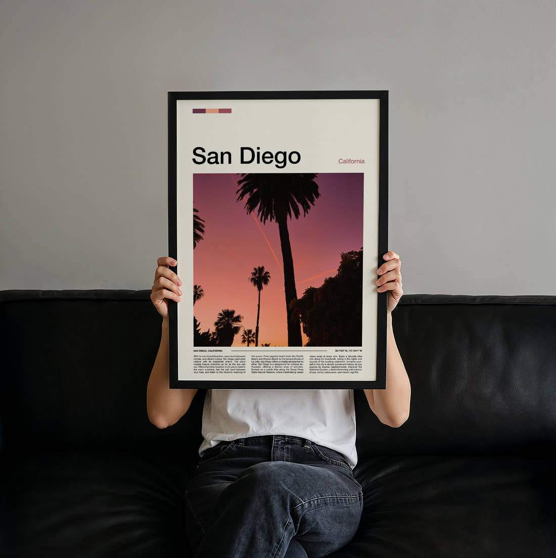 San Diego Palm Trees At Dusk Travel Print held up by hand to show the size of the print