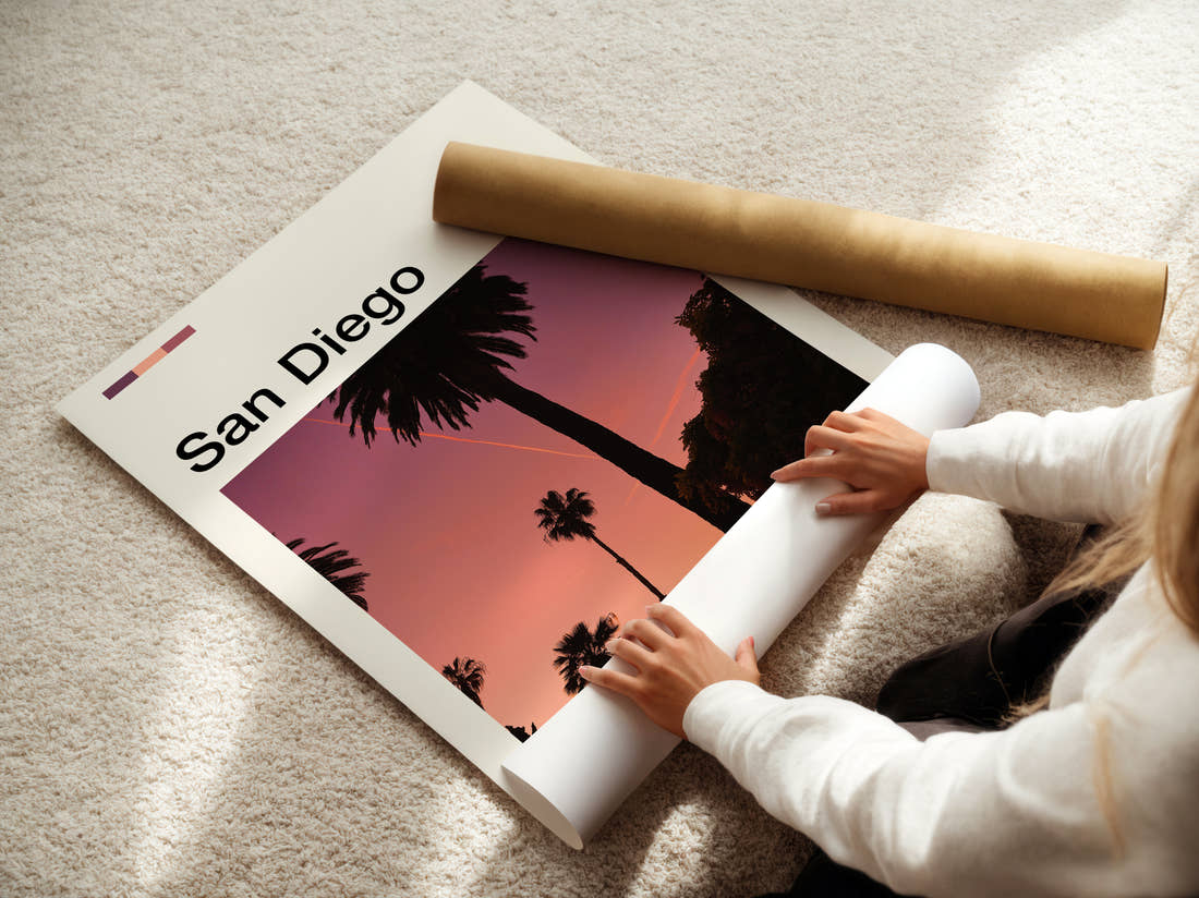 San Diego Palm Trees At Dusk Travel Print being unrolled from its postal tube