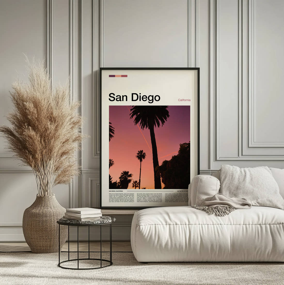 San Diego Palm Trees At Dusk Travel Print framed on the wall of a calm, neutral bedroom