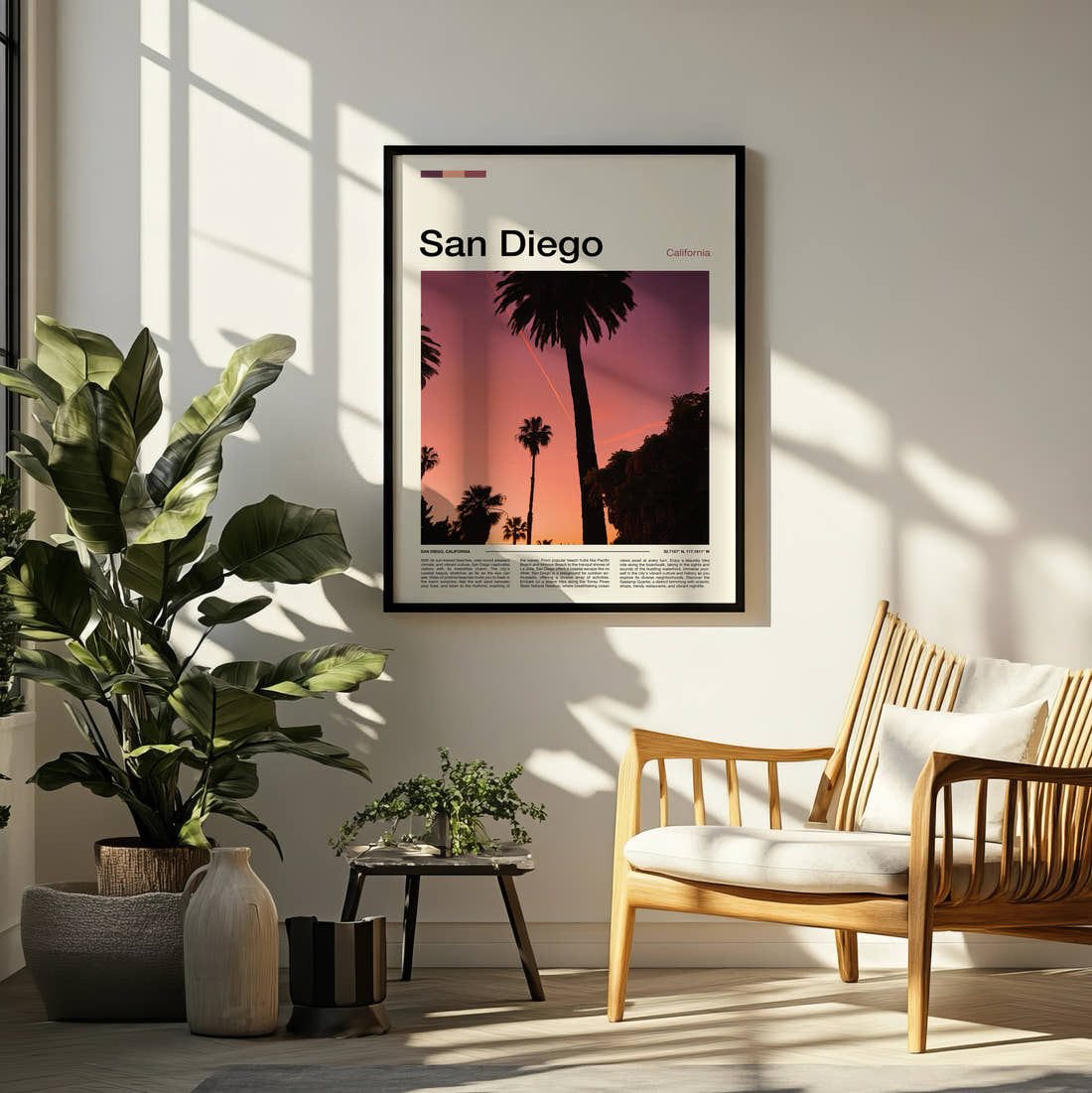 San Diego Palm Trees At Dusk Travel Print framed on a pale wall beside houseplants