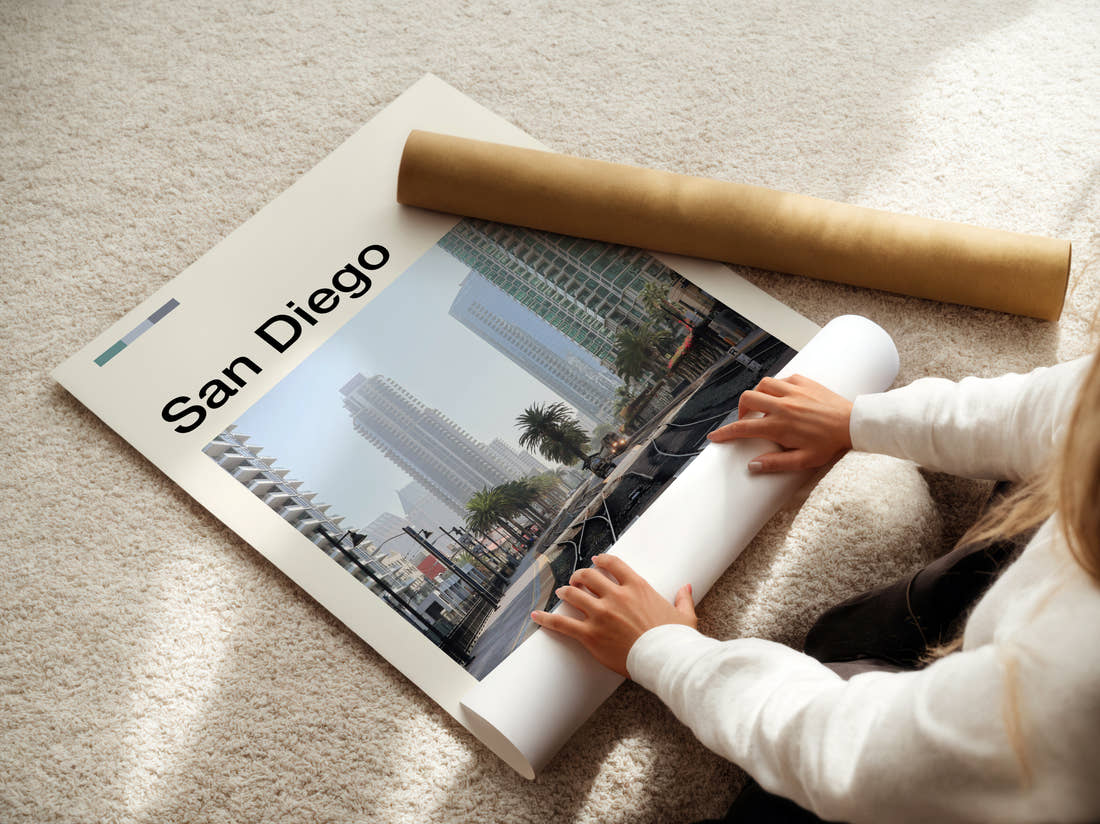 San Diego Tram Tracks Travel Print being unrolled from its postal tube
