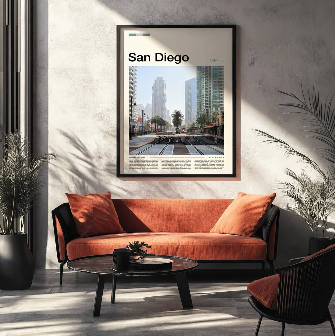 San Diego Tram Tracks Travel Print framed on the wall of a modern living room