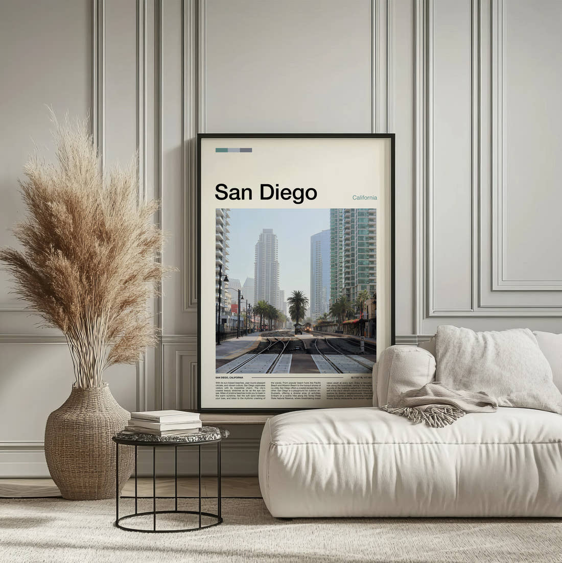 San Diego Tram Tracks Travel Print framed on the wall of a calm, neutral bedroom