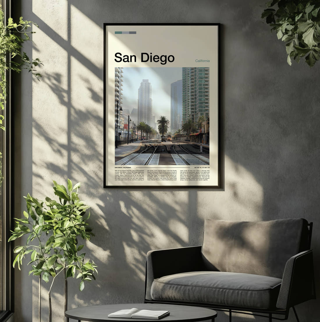 San Diego Tram Tracks Travel Print framed on the wall of a relaxed living room