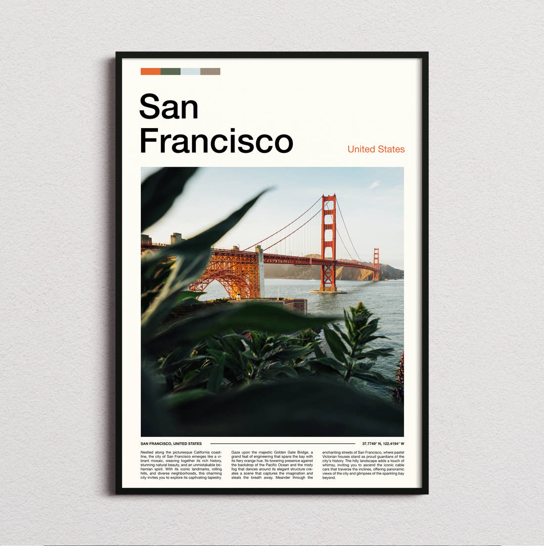 San Francisco Golden Gate Bridge Travel Print framed and photographed straight on