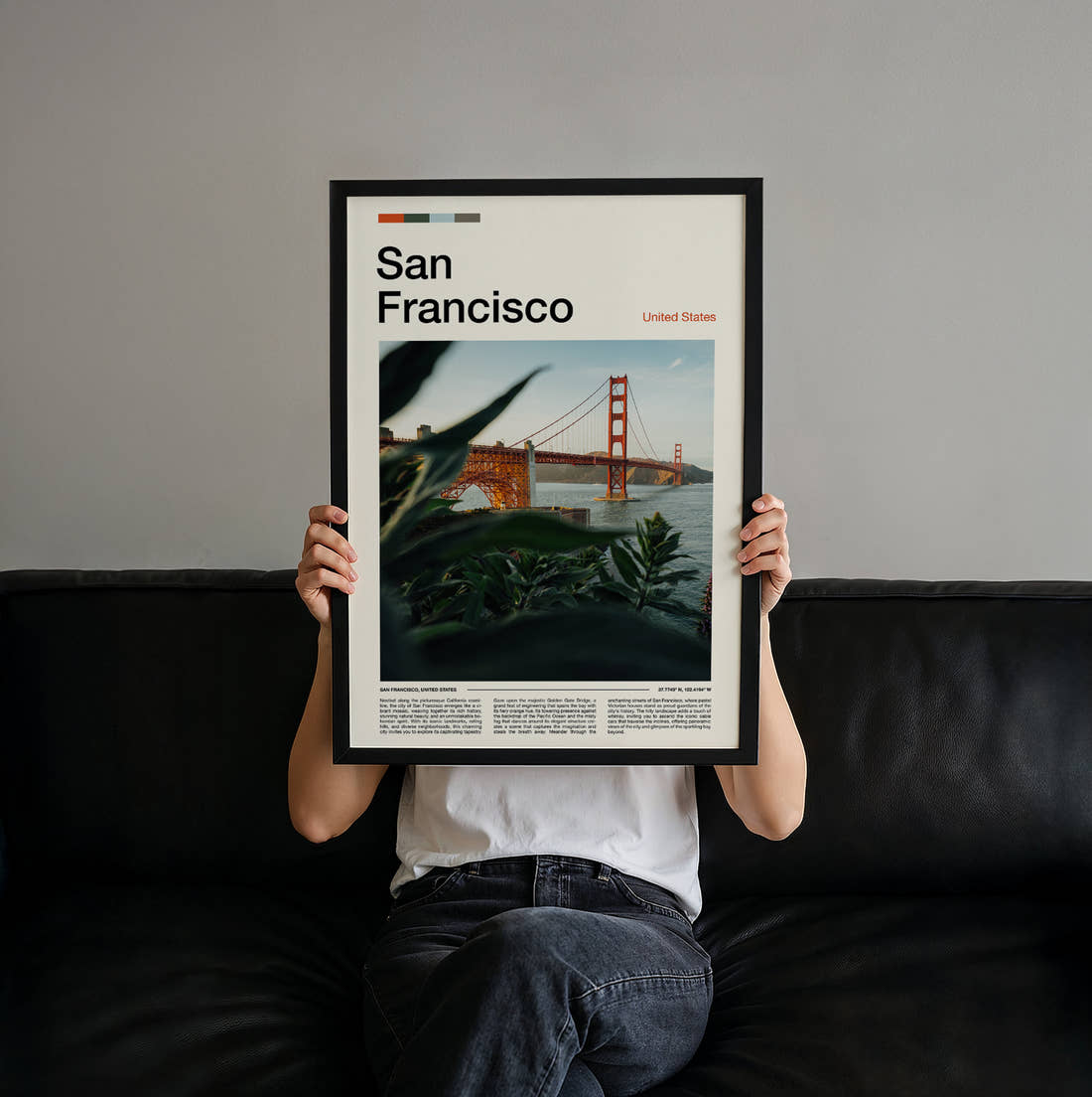 San Francisco Golden Gate Bridge Travel Print held up by hand to show the size of the print