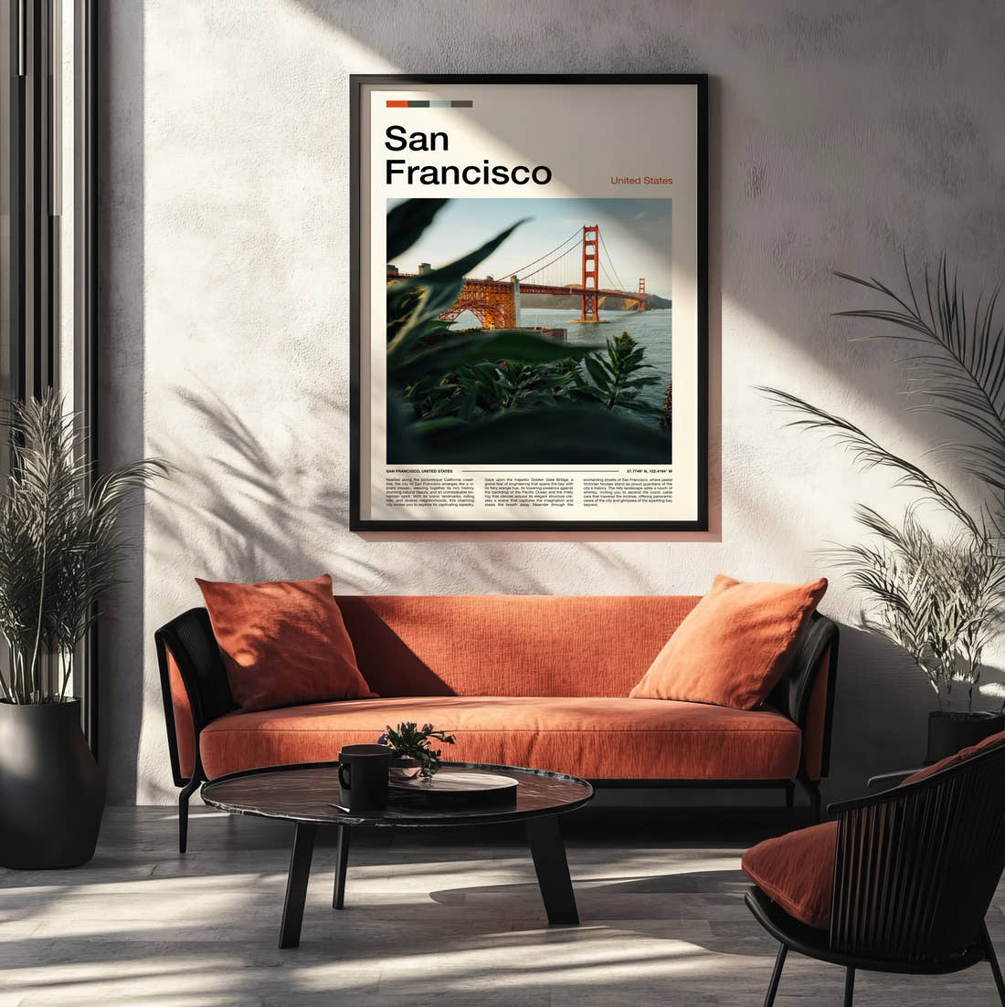 San Francisco Golden Gate Bridge Travel Print framed on the wall of a modern living room