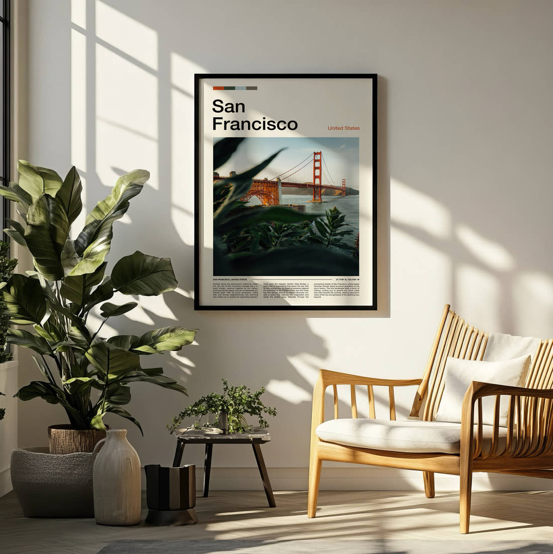 San Francisco Golden Gate Bridge Travel Print framed on a pale wall beside houseplants