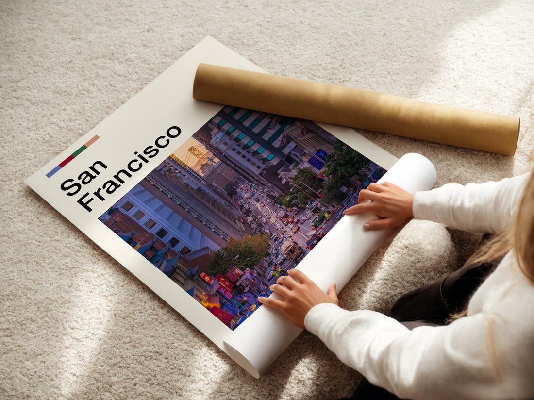 San Francisco Steep City Street Travel Print being unrolled from its postal tube
