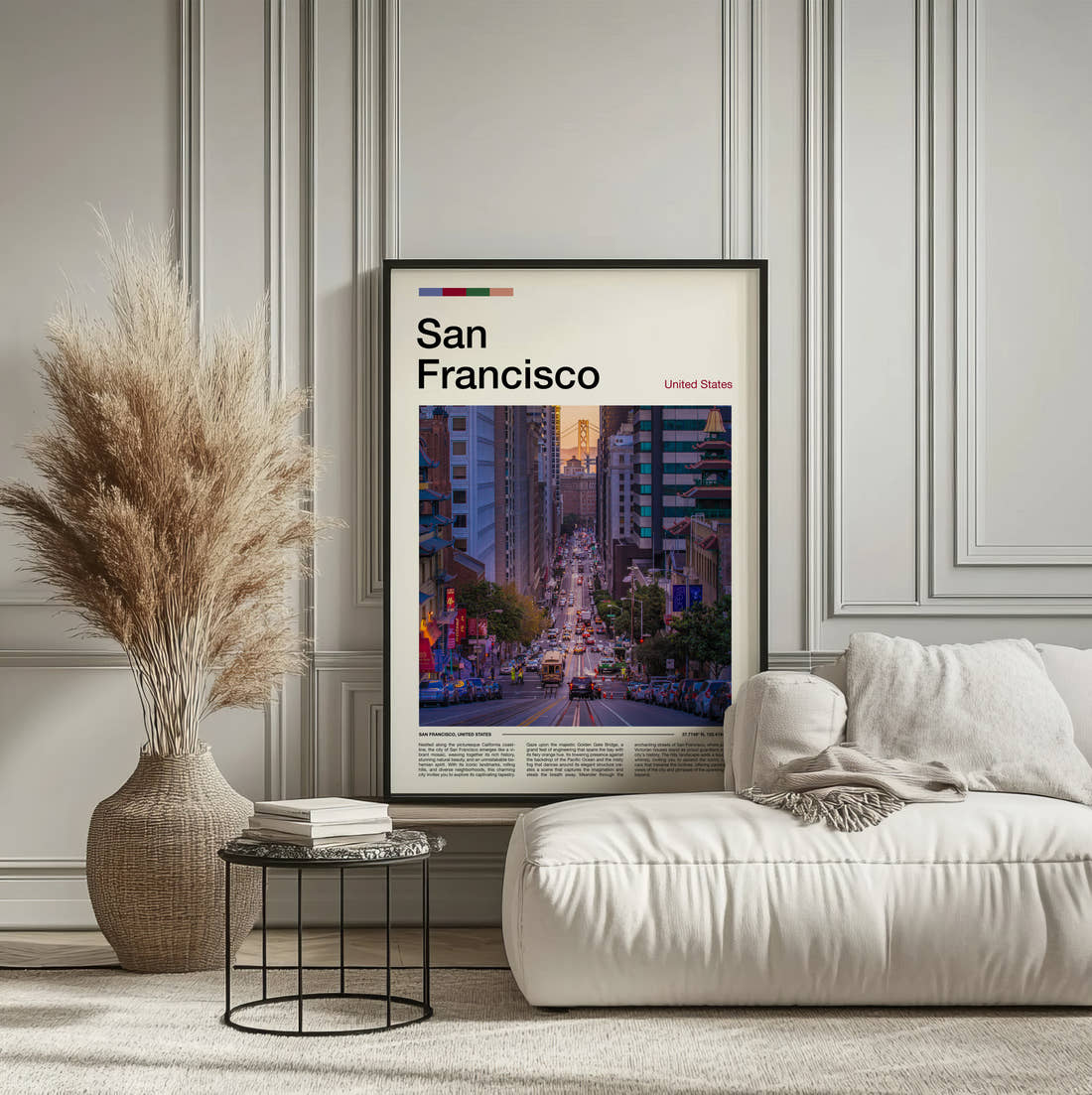 San Francisco Steep City Street Travel Print framed on the wall of a calm, neutral bedroom