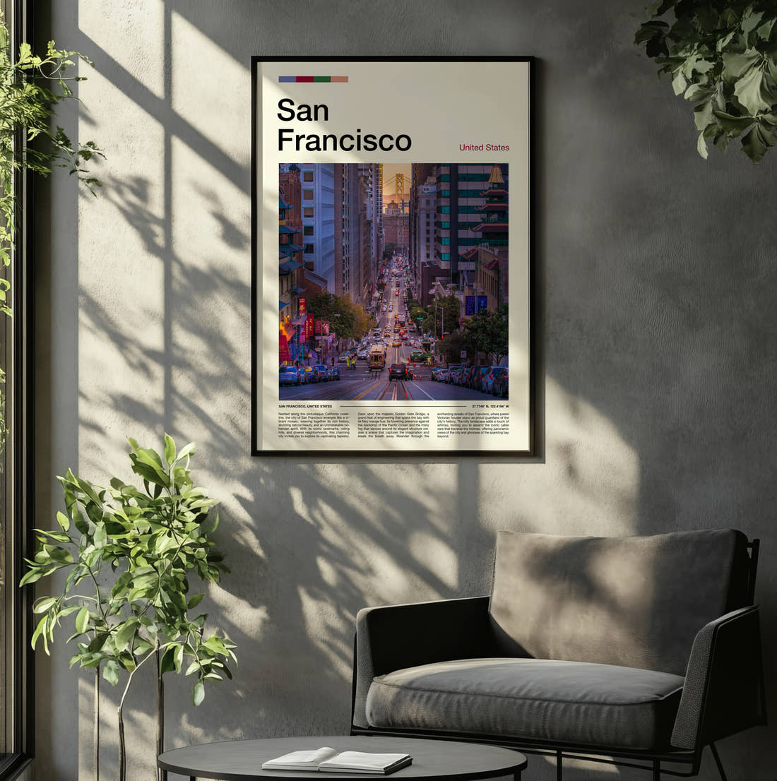 San Francisco Steep City Street Travel Print framed on the wall of a relaxed living room