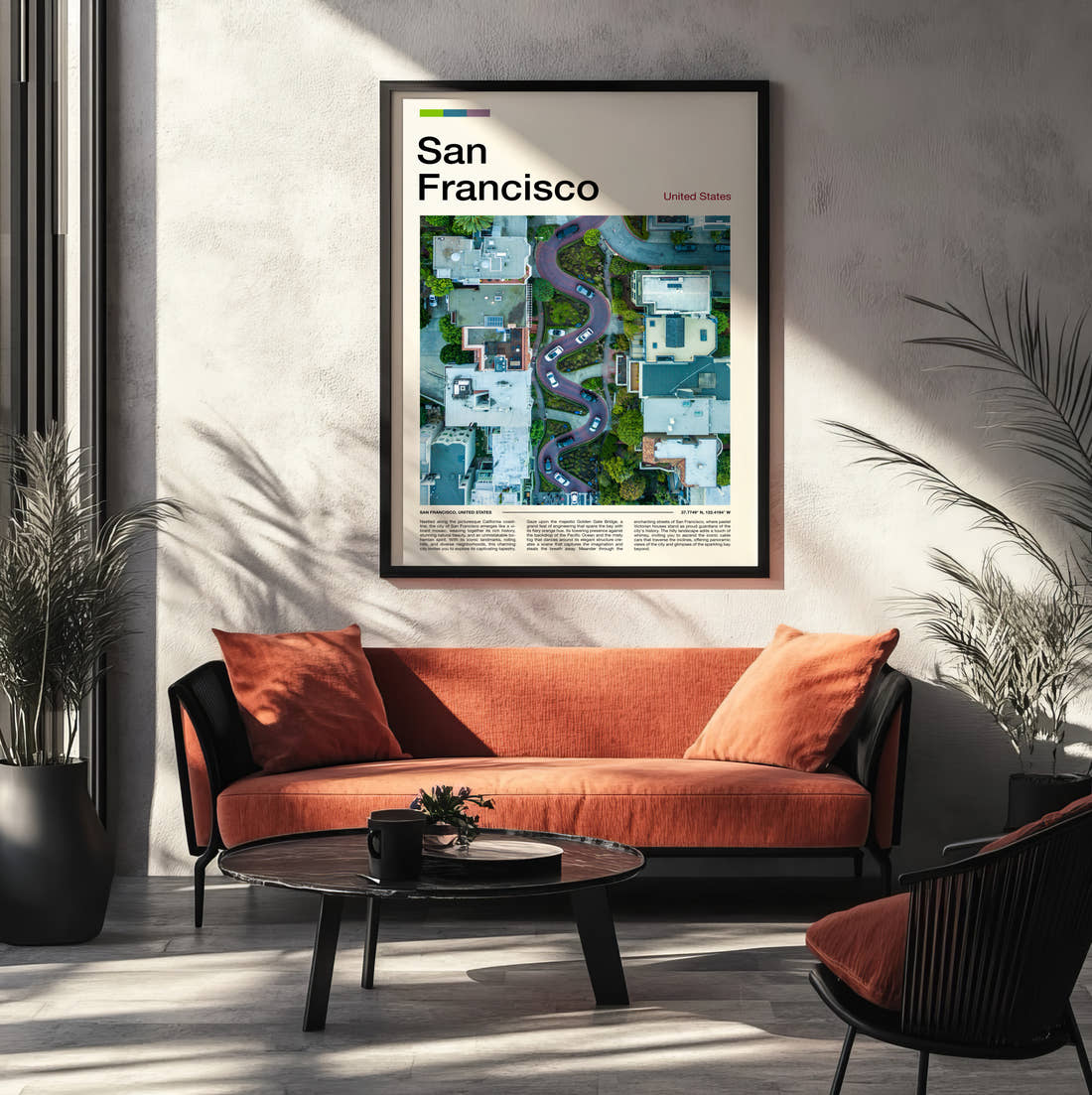 San Francisco Lombard Street Travel Print framed on the wall of a modern living room