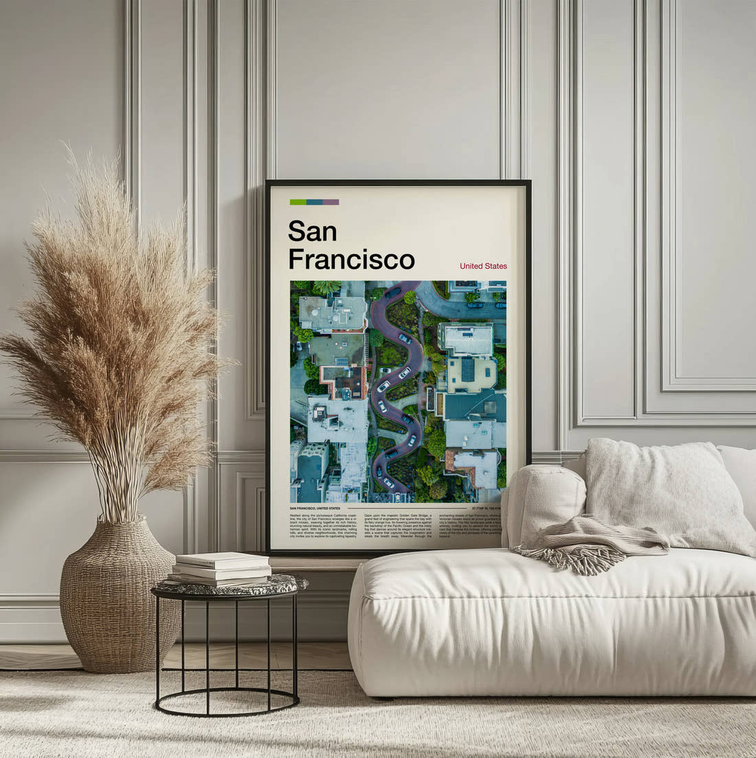 San Francisco Lombard Street Travel Print framed on the wall of a calm, neutral bedroom