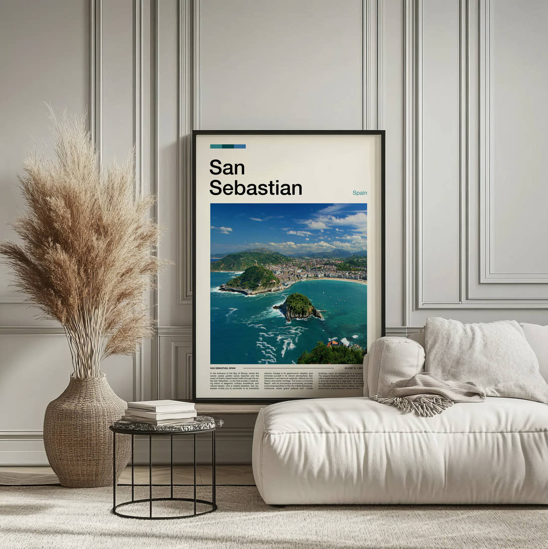 San Sebastian La Concha Bay Travel Print framed on the wall of a calm, neutral bedroom