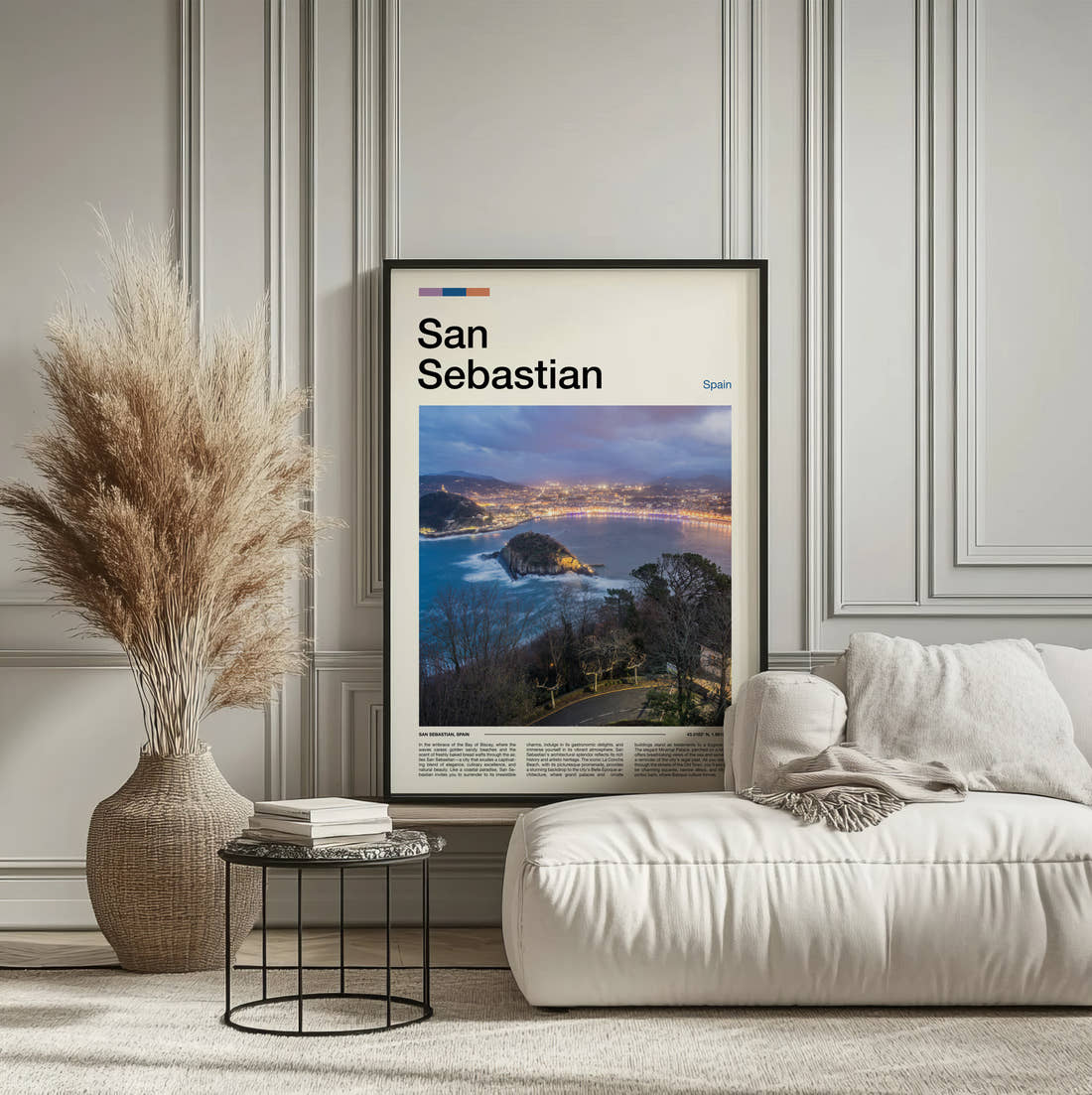 San Sebastian Bay At Dusk Travel Print framed on the wall of a calm, neutral bedroom
