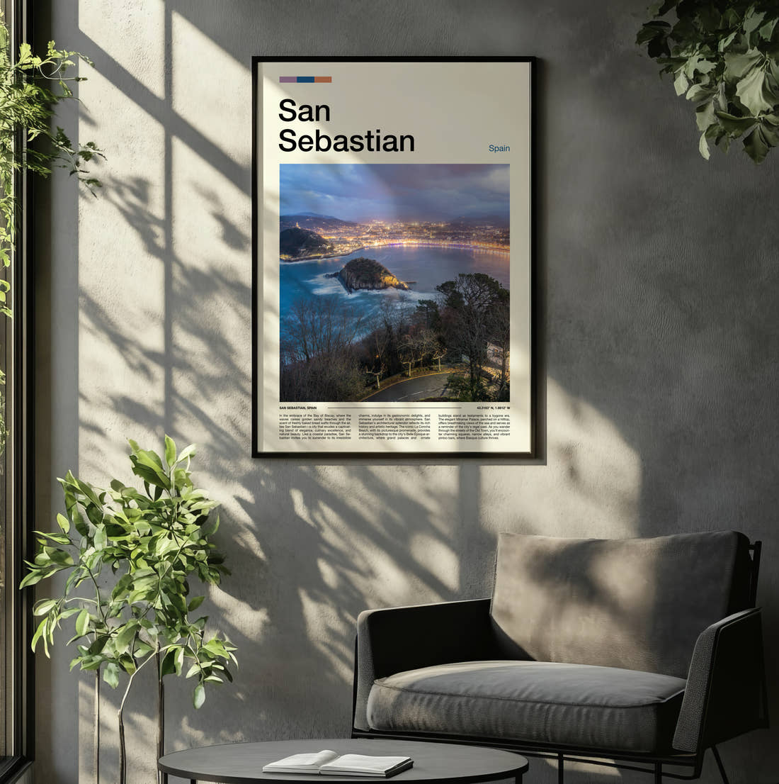 San Sebastian Bay At Dusk Travel Print framed on the wall of a relaxed living room