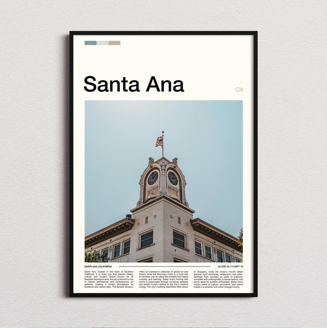 Santa Ana Clock Tower Travel Print framed and photographed straight on