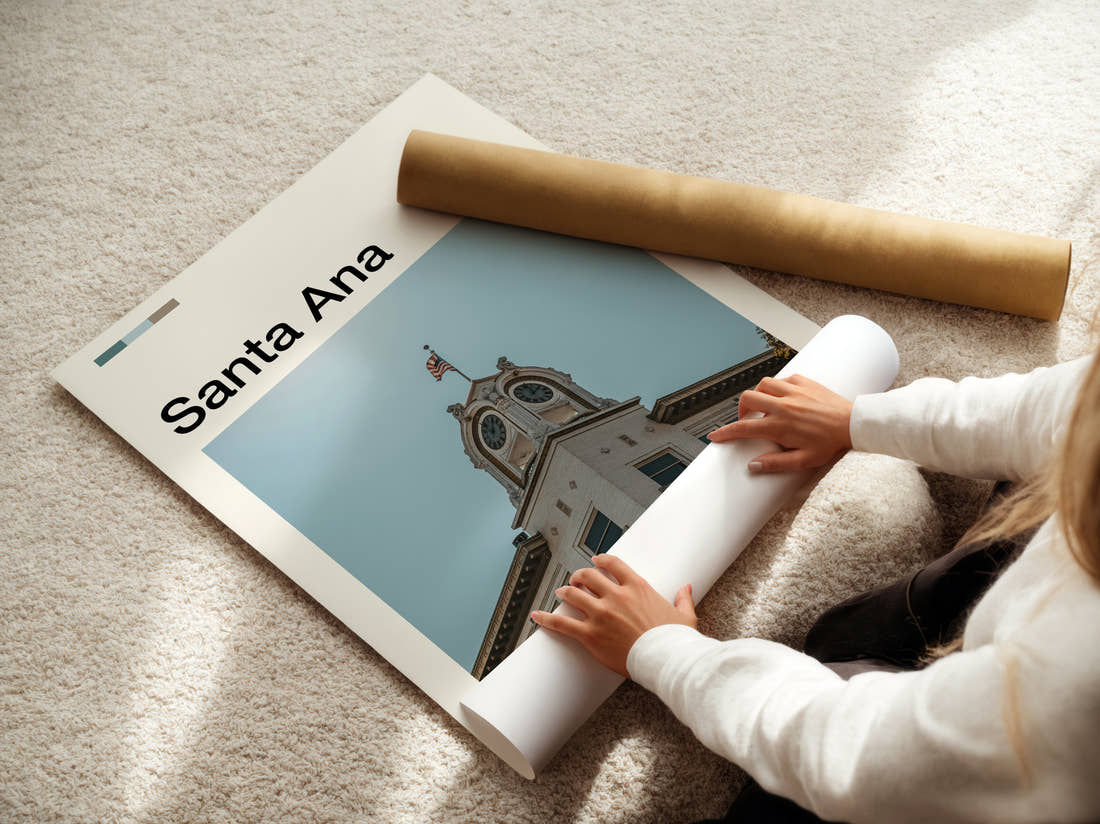 Santa Ana Clock Tower Travel Print being unrolled from its postal tube