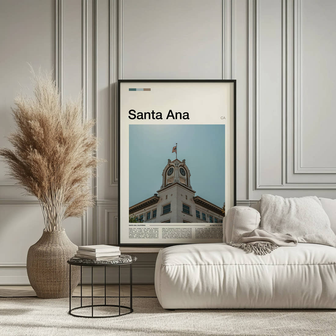 Santa Ana Clock Tower Travel Print framed on the wall of a calm, neutral bedroom