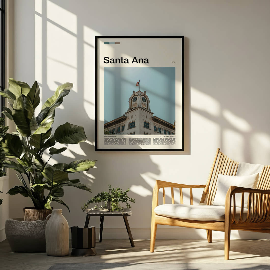 Santa Ana Clock Tower Travel Print framed on a pale wall beside houseplants